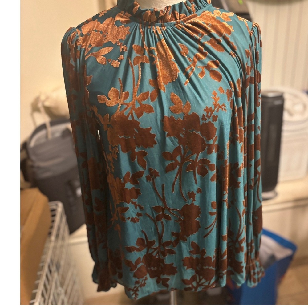 Entro Teal Blue Burnt Orange Velvet Floral Burnout Ruffle High Neck Blouse Small